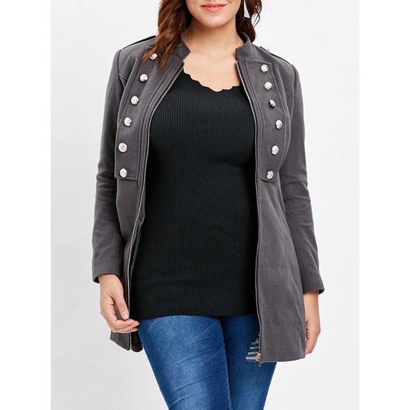 ♠ Dark Gray Plus Size Button Detail Zip Jacket  ♠ - Picture 1 of 8